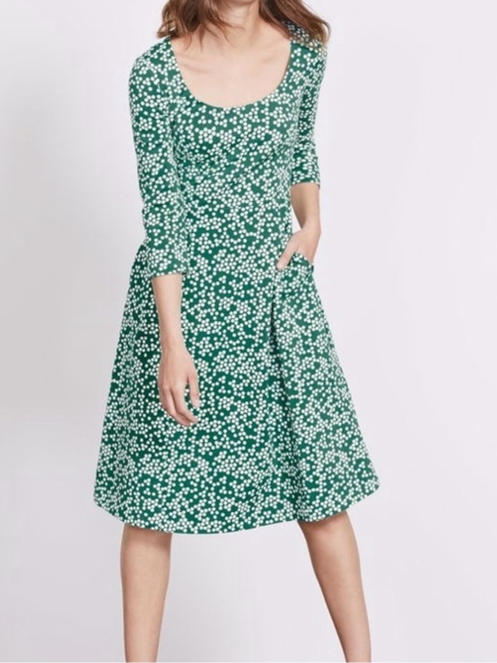 BODEN Julianna Ponte Dress 3/4 Sleeve Fit Flare US 8R Green White Midi Pockets